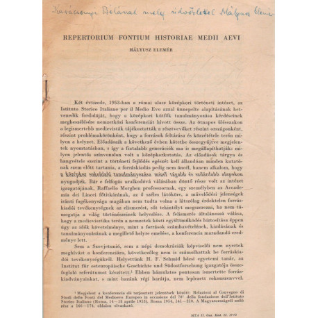 Repertorium Fontium Historiae Medii Aevi (dedikált, borítékkal)