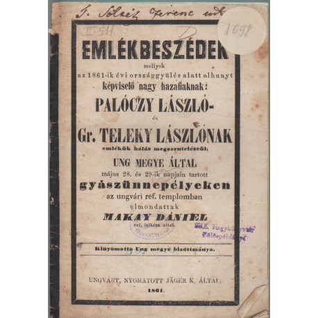 Emlékbeszédek Palóczy László és Gr. Teleky Lászlónak