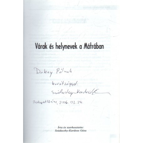 Várak és helynevek a Mátrában (dedikált)