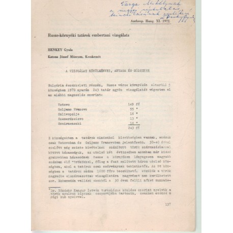 Ruszke-környéki tatárok embertani vizsgálata (dedikált)