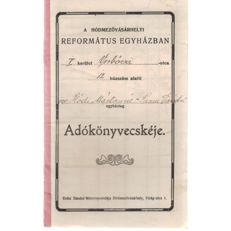 A hódmezővásárhelyi Református Egyház adókönyvecskéje